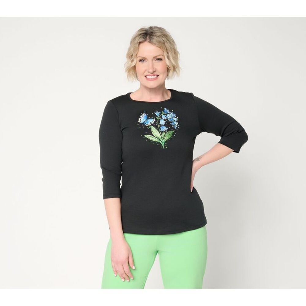 Quacker Factory Women's Top Sz XL Petal Power Sleeve Black